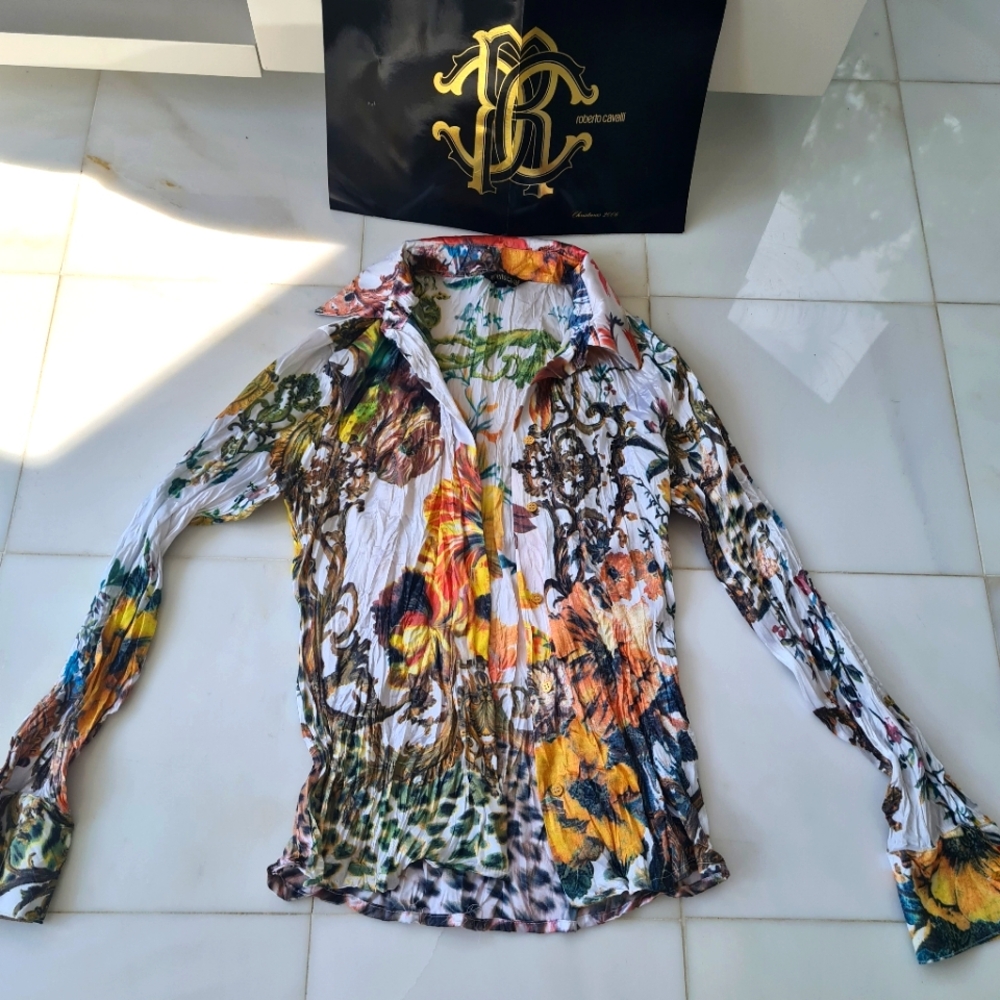 Roberto Cavalli Floral Multicolor Shirt Animal Print White Orange S